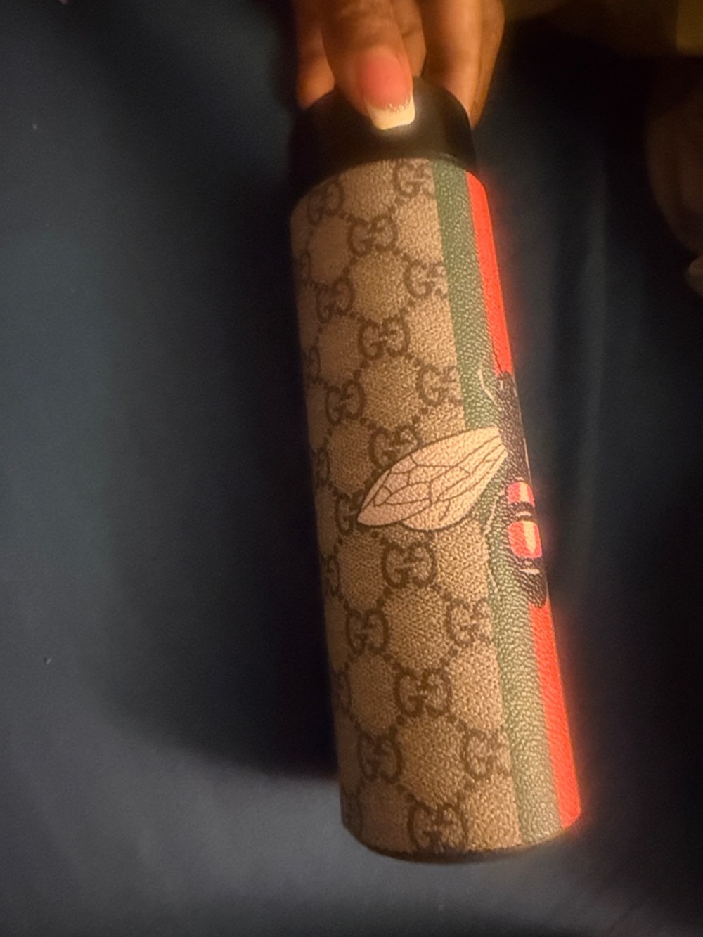 Gucci Monogram Bee Print Travel Tumbler - Brown with Red & Green Stripe